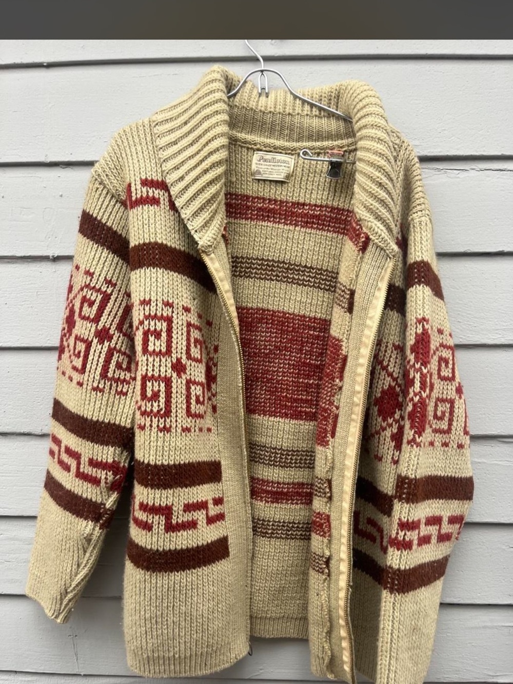 Pendleton Men's Beige and Rust Zip-Up Shawl Collar Sweater